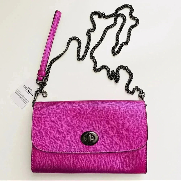 NWT Coach Metallic Cerise Leather Chain Crossbody - Picture 1 of 8